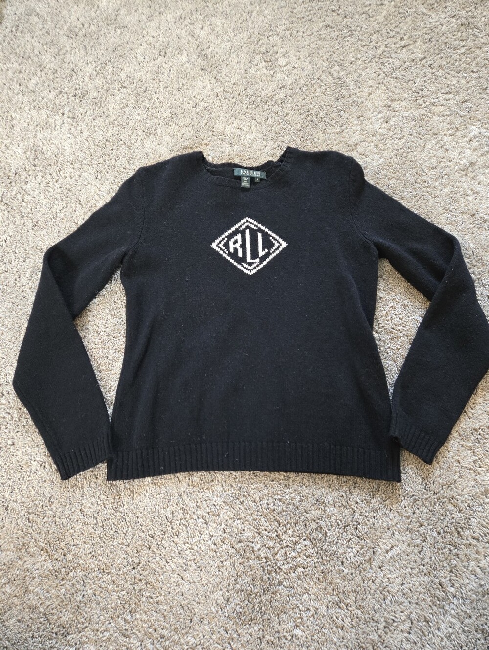 VTG Lauren Ralph Lauren Black Logo Front Lambs Wool Knit Sweater Women small